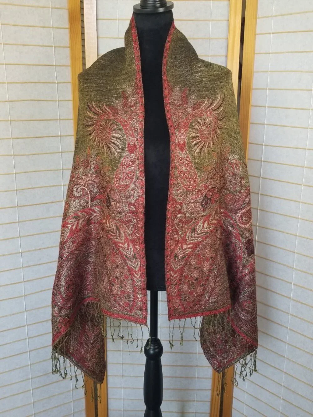 Wool Blanket Scarf Olive Green Brick Red Gold Metallic Threads Paisley Reverses